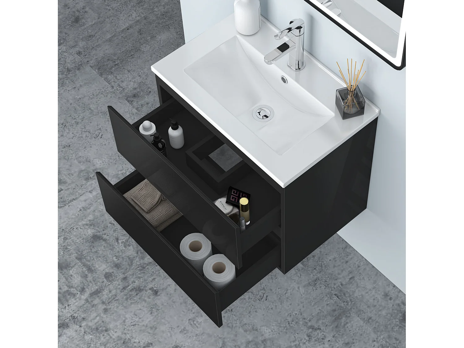 AICA Waschbeckenunterschrank hängend 60cm Dünn Keramik Waschtisch mit Unterschrank - Hochglanz Schwarz - CINIC