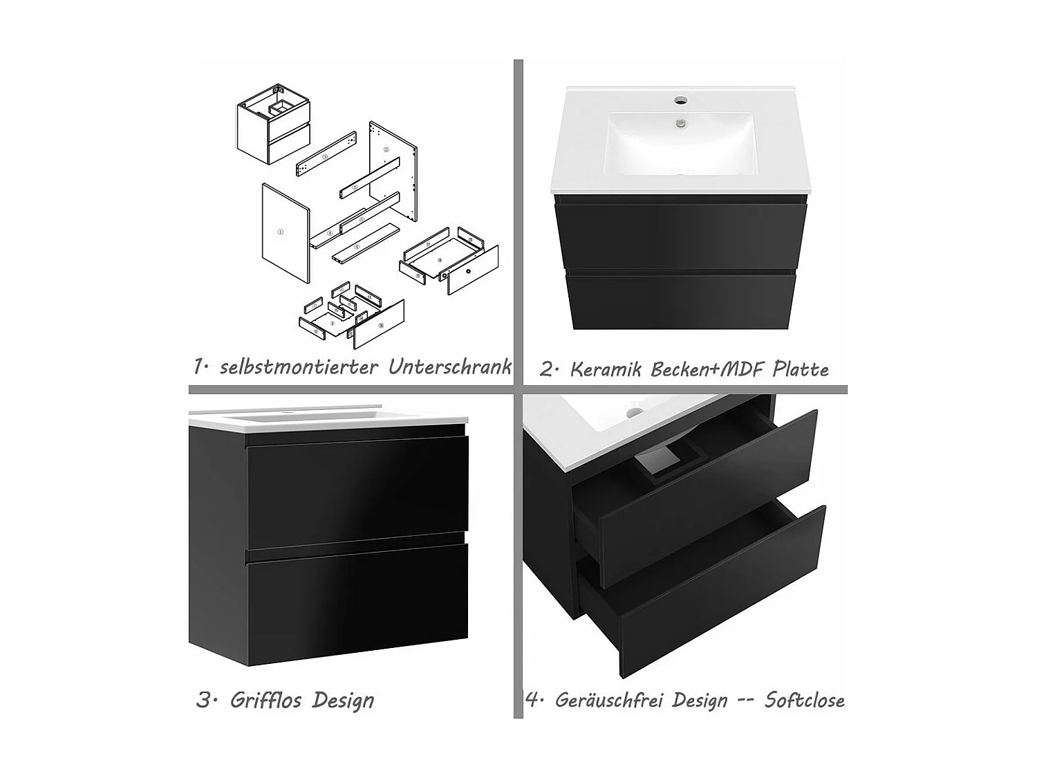 AICA Waschbeckenunterschrank hängend 60cm Dünn Keramik Waschtisch mit Unterschrank - Hochglanz Schwarz - CINIC