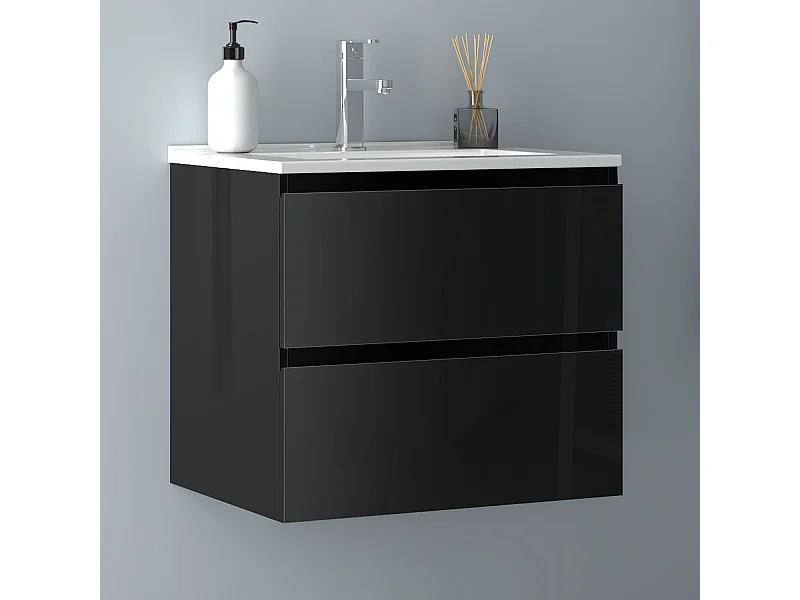 AICA Waschbeckenunterschrank hängend 60cm Dünn Keramik Waschtisch mit Unterschrank - Hochglanz Schwarz - CINIC