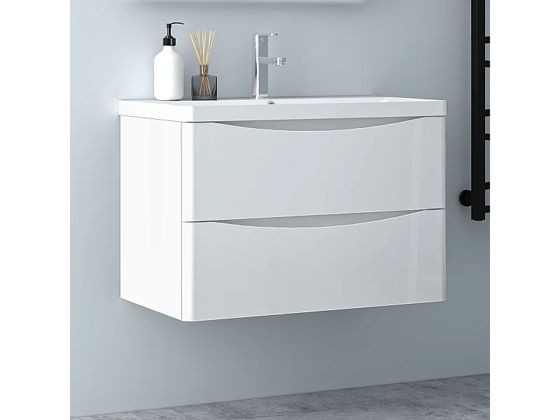 AICA Badezimmerschrank hängend 80cm Mineralguss waschbecken mit Unterschrank - Hochglanz Weiß  - SEMAL