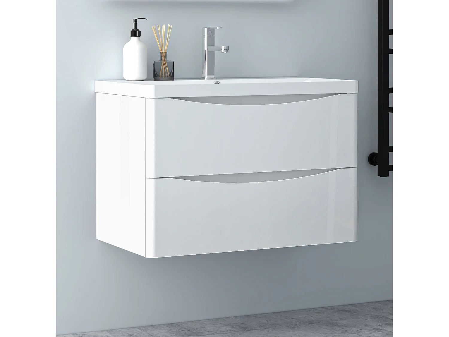 AICA Badezimmerschrank hängend 80cm Mineralguss waschbecken mit Unterschrank - Hochglanz Weiß  - SEMAL