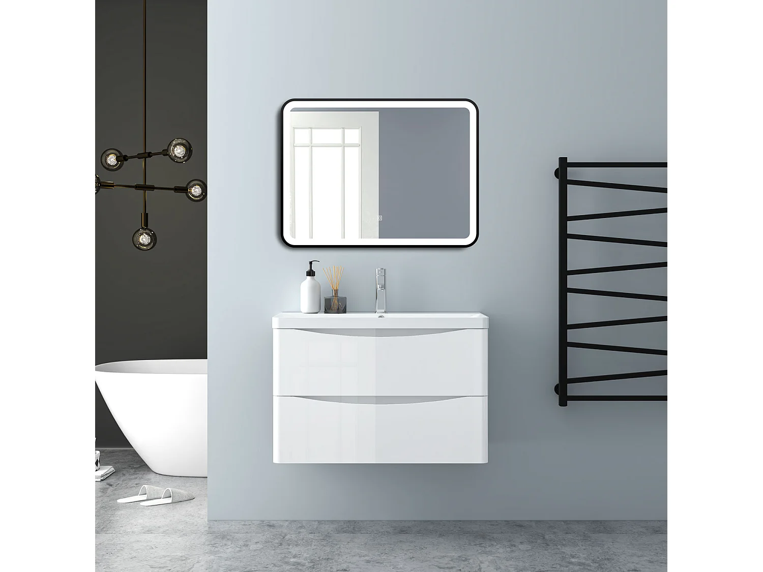 AICA Badezimmerschrank hängend 80cm Mineralguss waschbecken mit Unterschrank - Hochglanz Weiß  - SEMAL