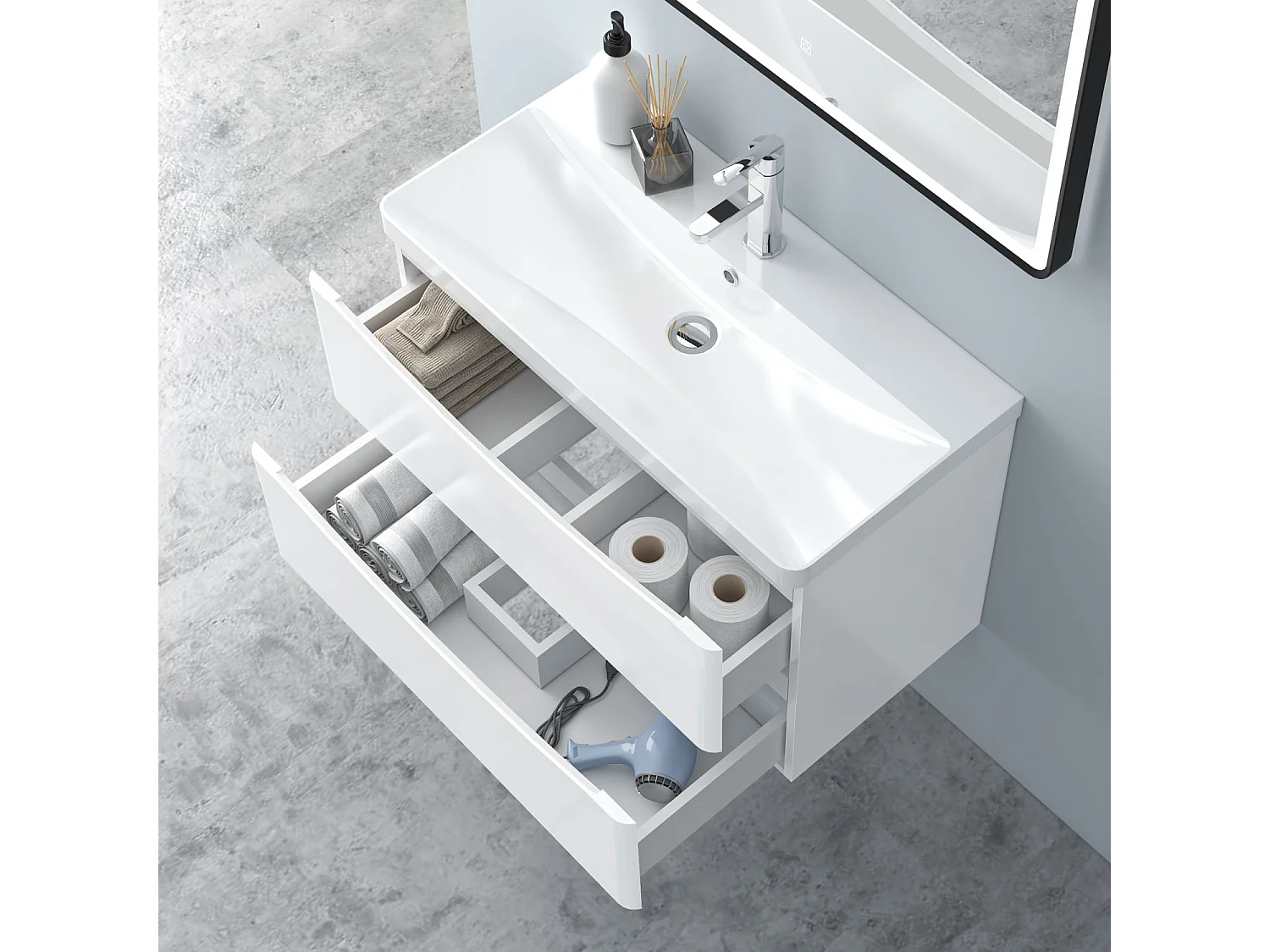 AICA Badezimmerschrank hängend 80cm Mineralguss waschbecken mit Unterschrank - Hochglanz Weiß  - SEMAL