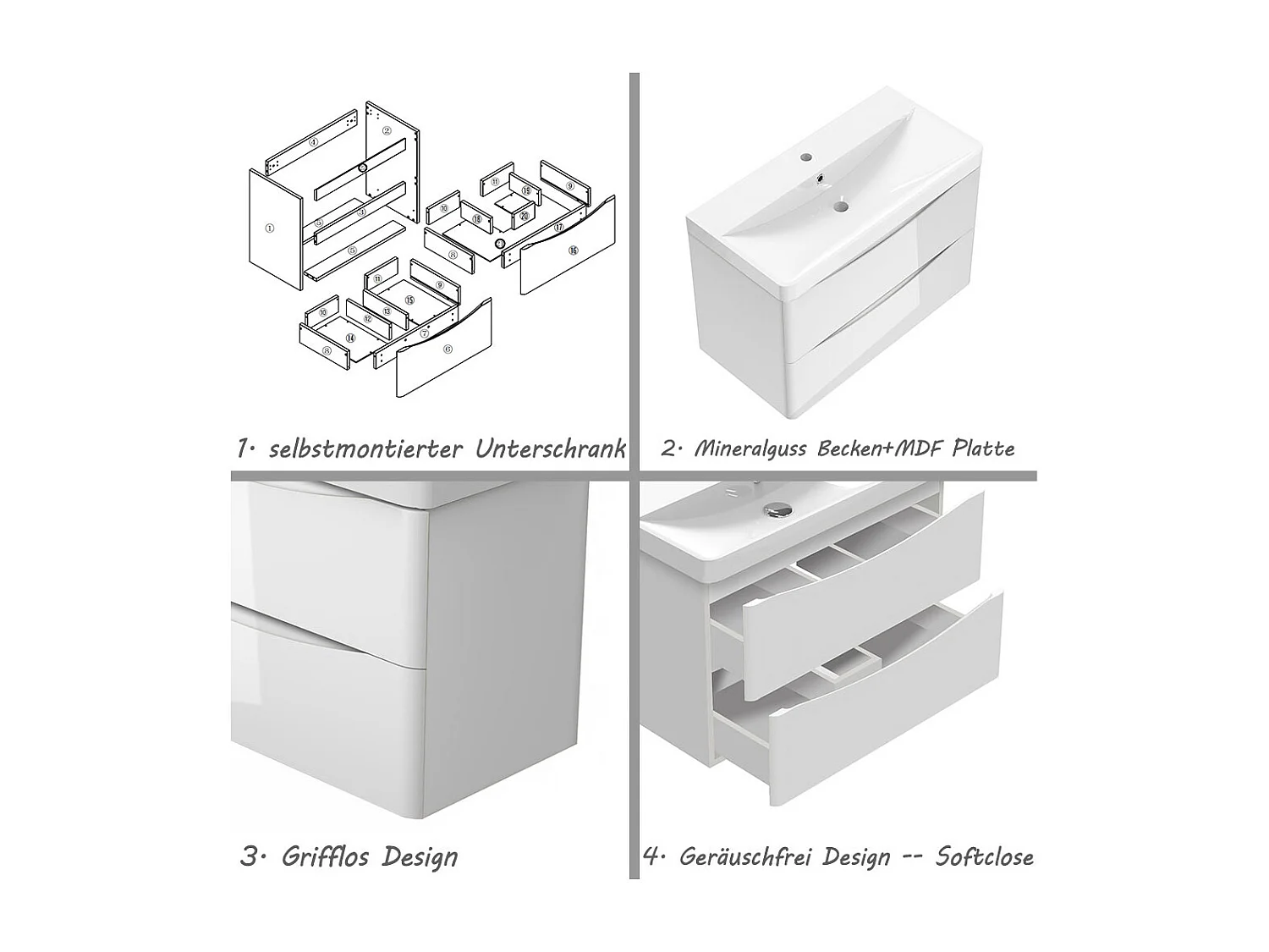 AICA Badezimmerschrank hängend 80cm Mineralguss waschbecken mit Unterschrank - Hochglanz Weiß  - SEMAL