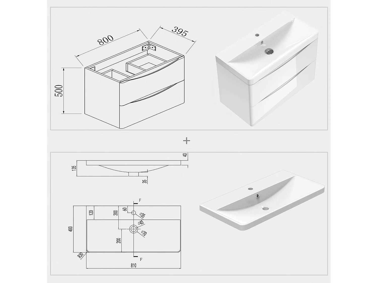 AICA Badezimmerschrank hängend 80cm Mineralguss waschbecken mit Unterschrank - Hochglanz Weiß  - SEMAL