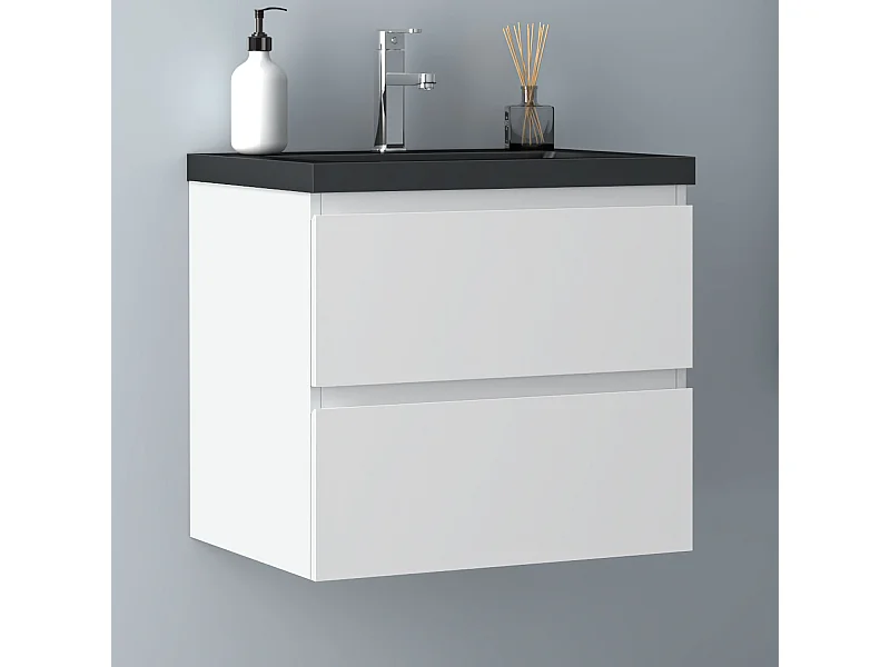 AICA Waschbeckenunterschrank hängend 60cm Schwarz Mineralguss Waschtisch mit Unterschrank - Weiß Matt - CINIC