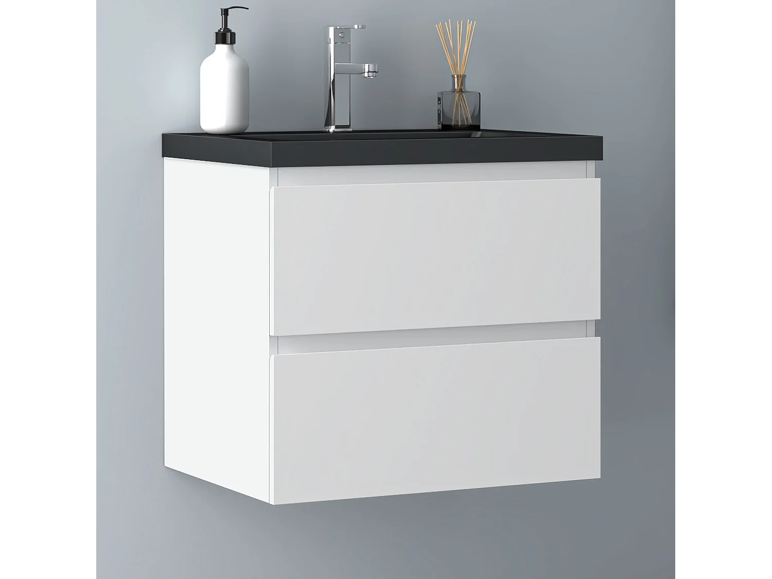 AICA Waschbeckenunterschrank hängend 60cm Schwarz Mineralguss Waschtisch mit Unterschrank - Weiß Matt - CINIC