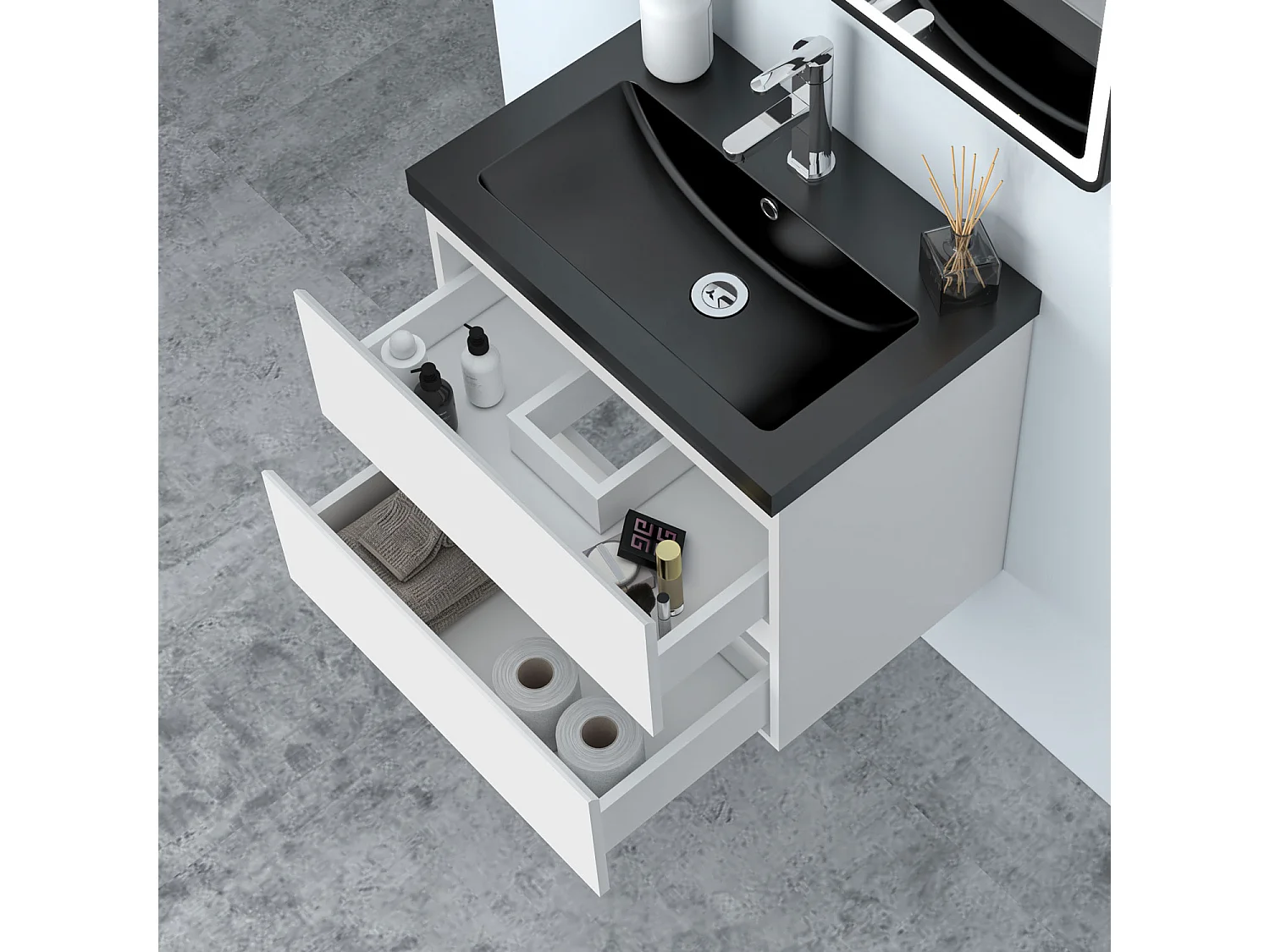 AICA Waschbeckenunterschrank hängend 60cm Schwarz Mineralguss Waschtisch mit Unterschrank - Weiß Matt - CINIC