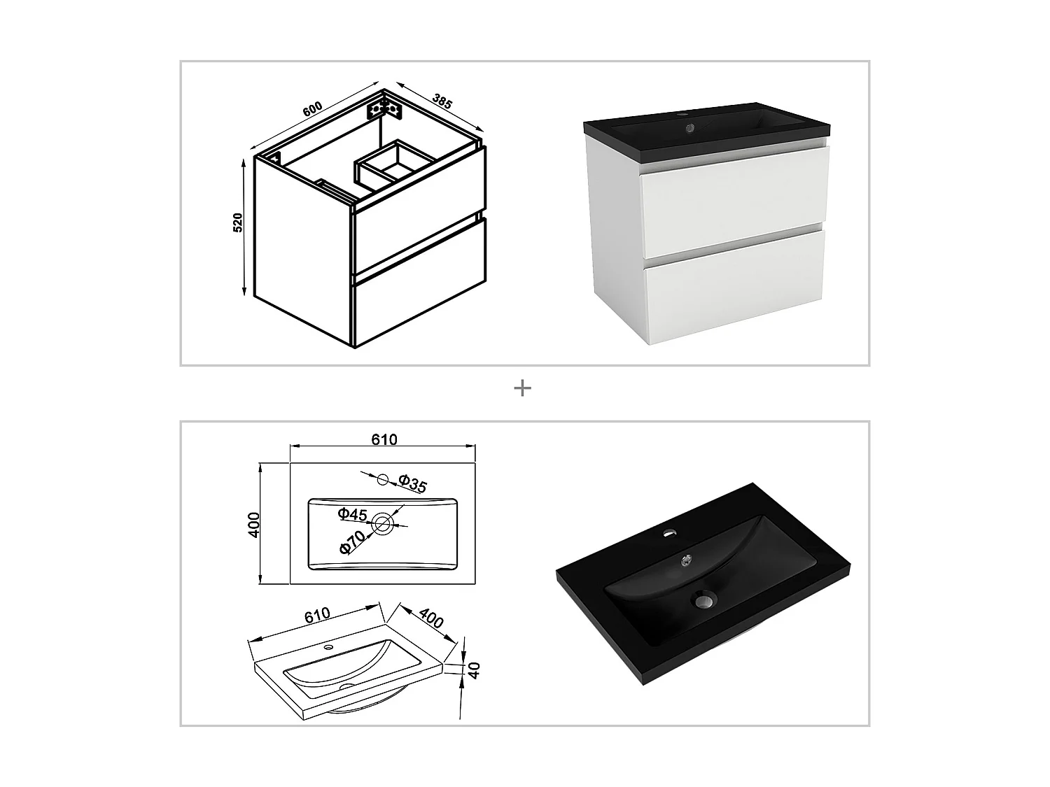 AICA Waschbeckenunterschrank hängend 60cm Schwarz Mineralguss Waschtisch mit Unterschrank - Weiß Matt - CINIC