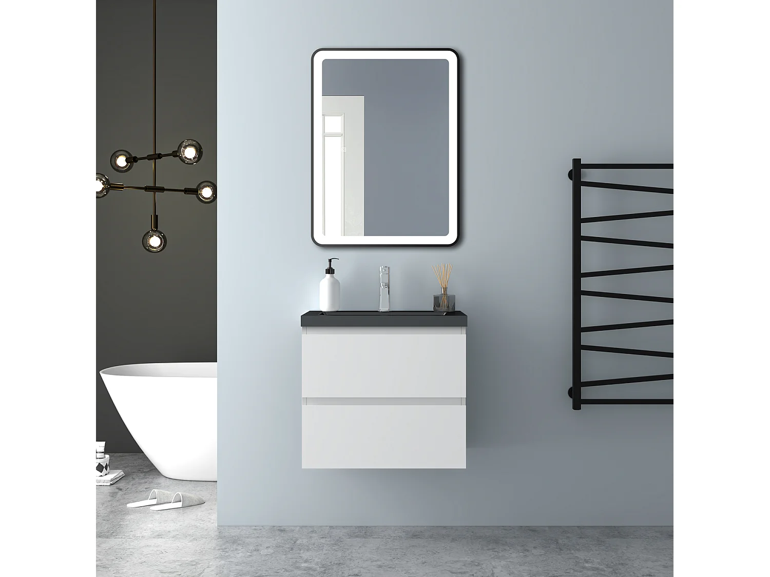 AICA Waschbeckenunterschrank hängend 60cm Schwarz Mineralguss Waschtisch mit Unterschrank - Weiß Matt - CINIC