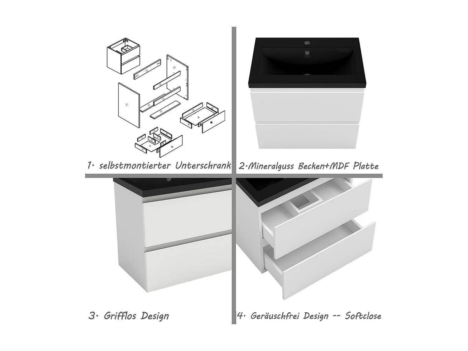 AICA Waschbeckenunterschrank hängend 60cm Schwarz Mineralguss Waschtisch mit Unterschrank - Weiß Matt - CINIC