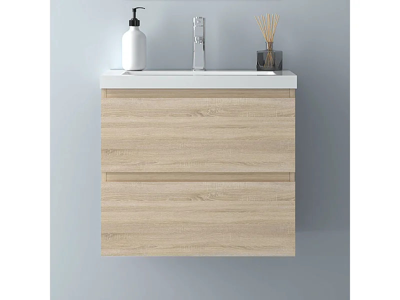 AICA Waschbeckenunterschrank hängend 60cm Mineralguss Waschtisch mit Unterschrank - Eiche Matt - CINIC