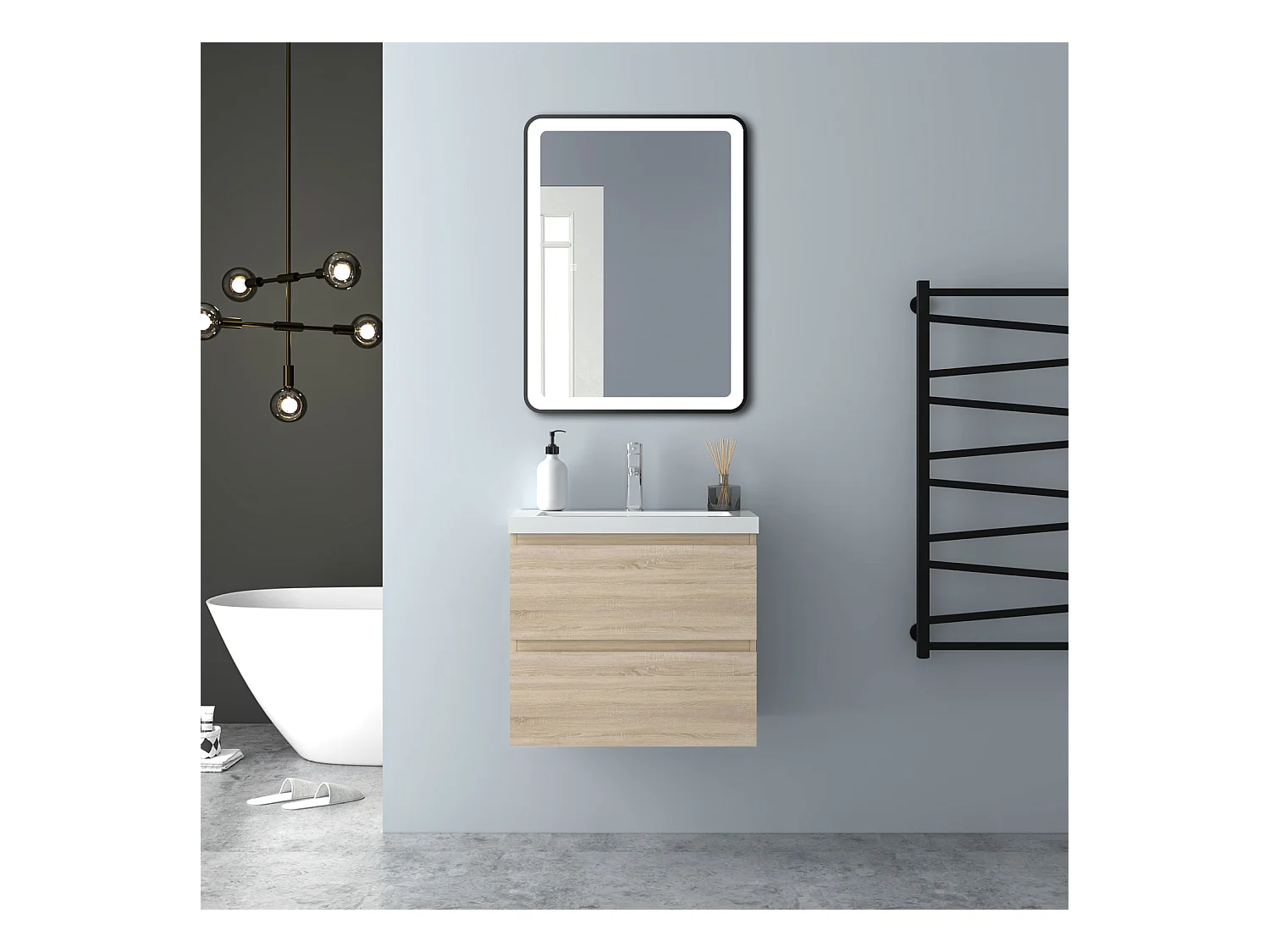 AICA Waschbeckenunterschrank hängend 60cm Mineralguss Waschtisch mit Unterschrank - Eiche Matt - CINIC