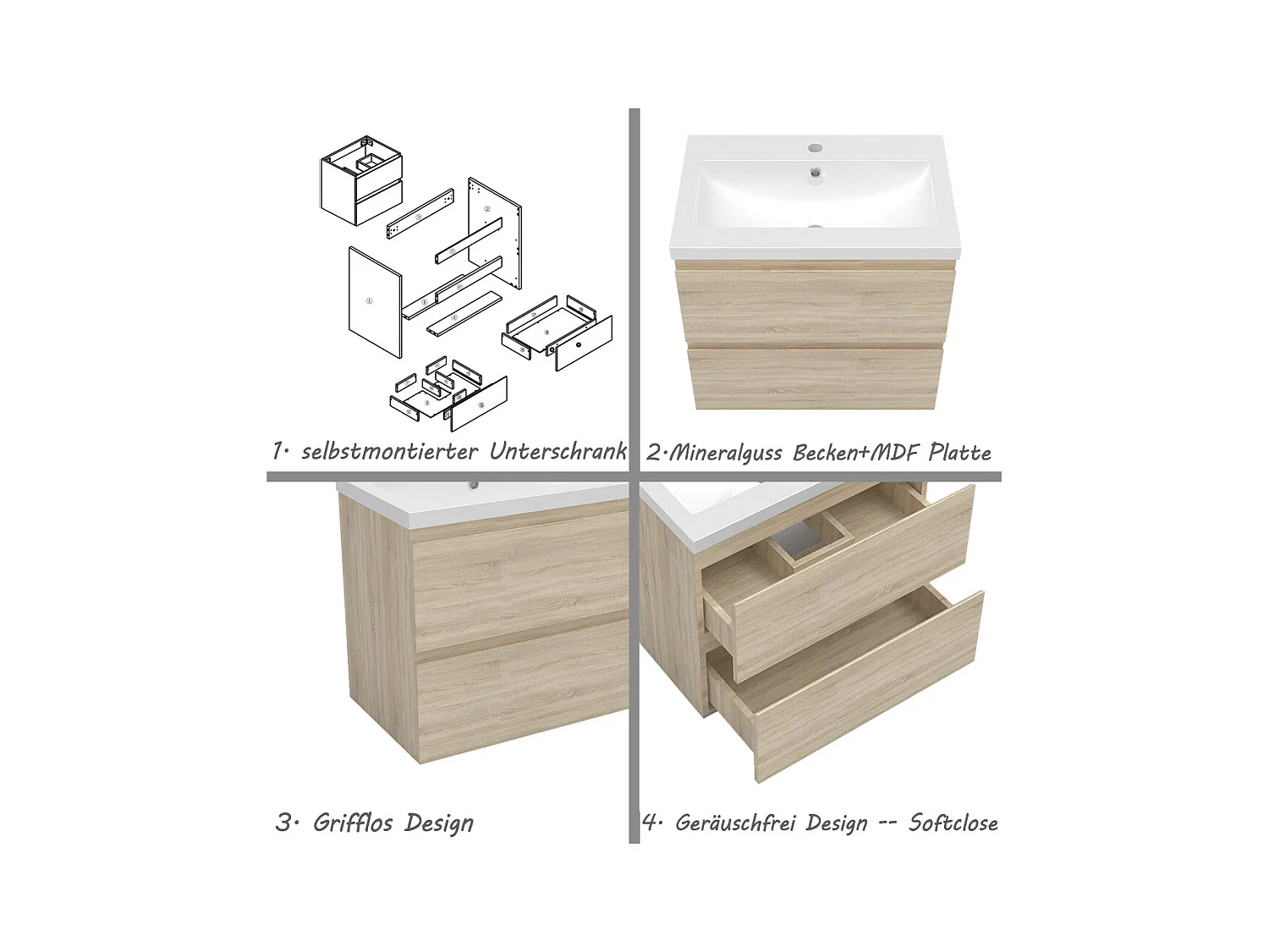 AICA Waschbeckenunterschrank hängend 60cm Mineralguss Waschtisch mit Unterschrank - Eiche Matt - CINIC
