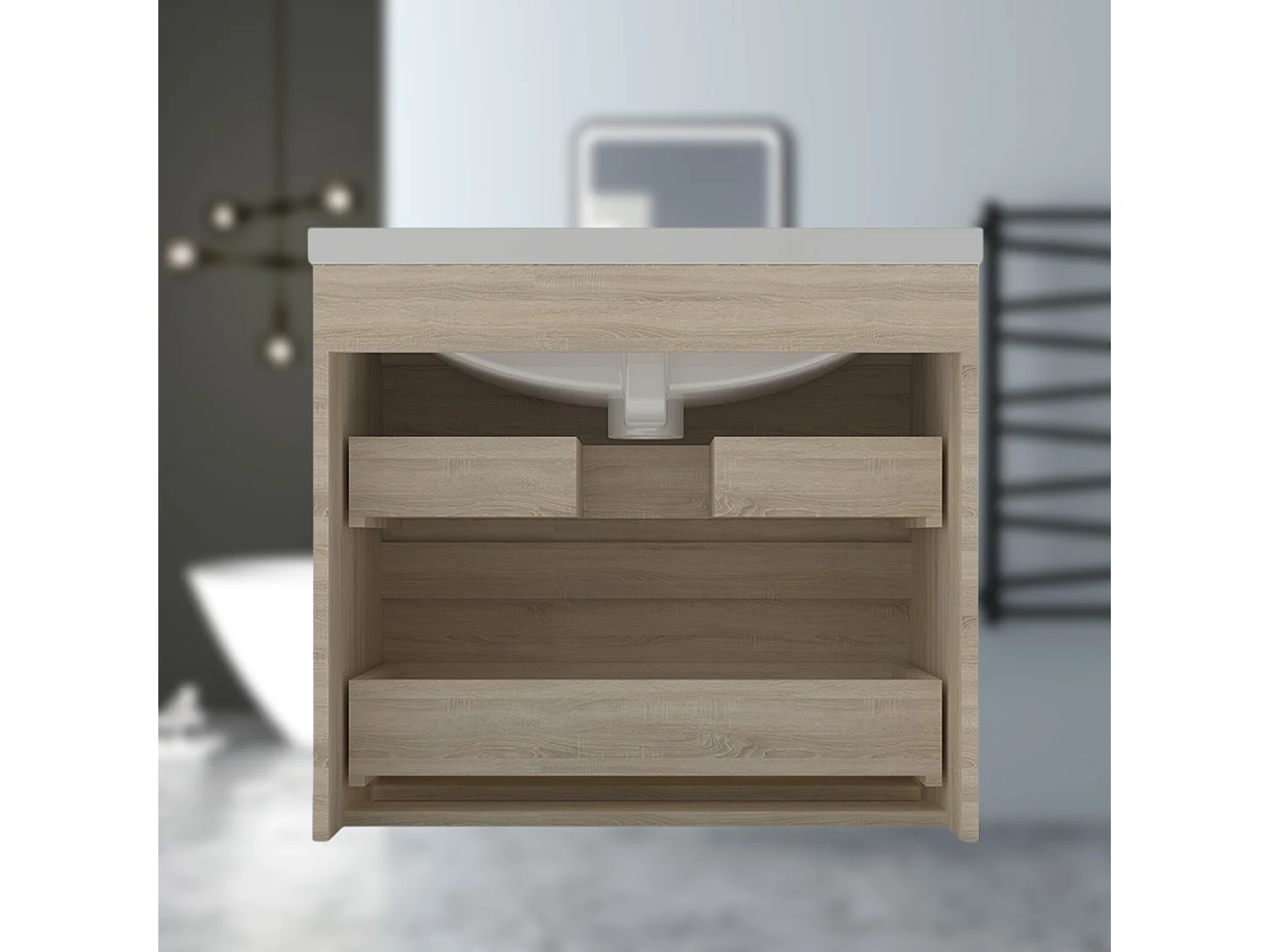 AICA Waschbeckenunterschrank hängend 60cm Mineralguss Waschtisch mit Unterschrank - Eiche Matt - CINIC