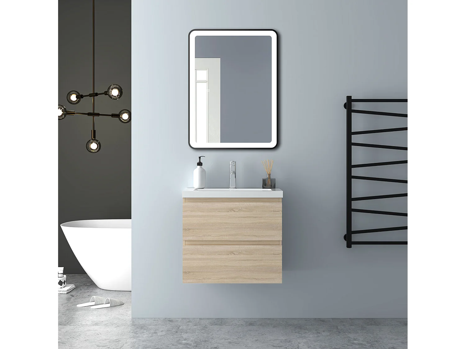 AICA Waschbeckenunterschrank hängend 60cm Mineralguss Waschtisch mit Unterschrank - Eiche Matt - CINIC