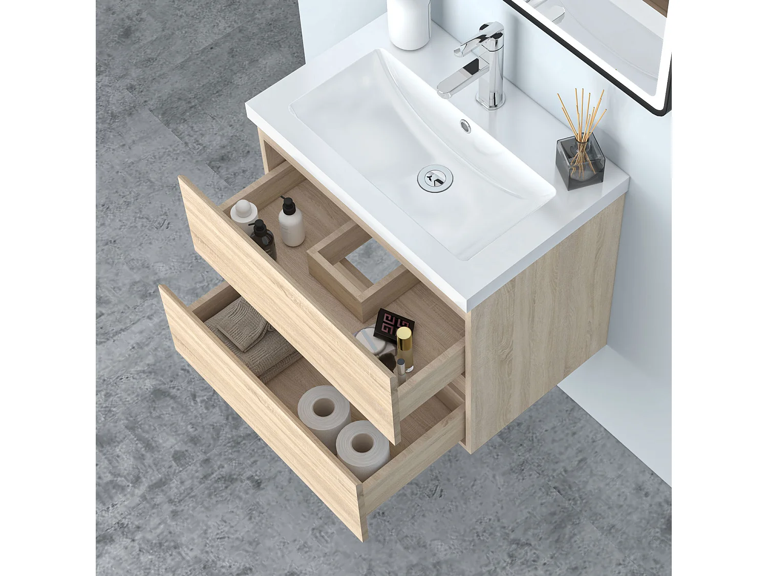 AICA Waschbeckenunterschrank hängend 60cm Mineralguss Waschtisch mit Unterschrank - Eiche Matt - CINIC