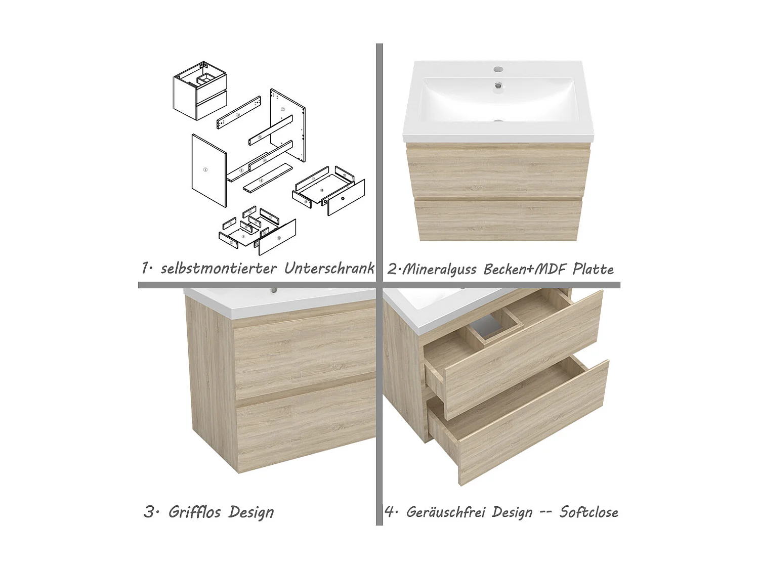 AICA Waschbeckenunterschrank hängend 60cm Mineralguss Waschtisch mit Unterschrank - Eiche Matt - CINIC