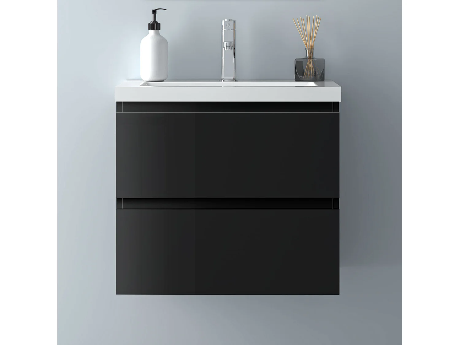 AICA Waschbeckenunterschrank hängend 50cm Mineralguss Waschtisch mit Unterschrank - Hochglanz Schwarz - CINIC