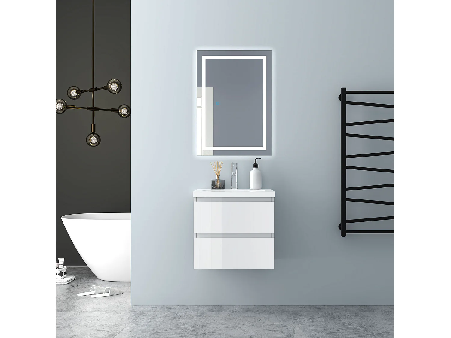 AICA Waschbeckenunterschrank hängend 50cm Mineralguss Waschtisch mit Unterschrank - Hochglanz Schwarz - CINIC