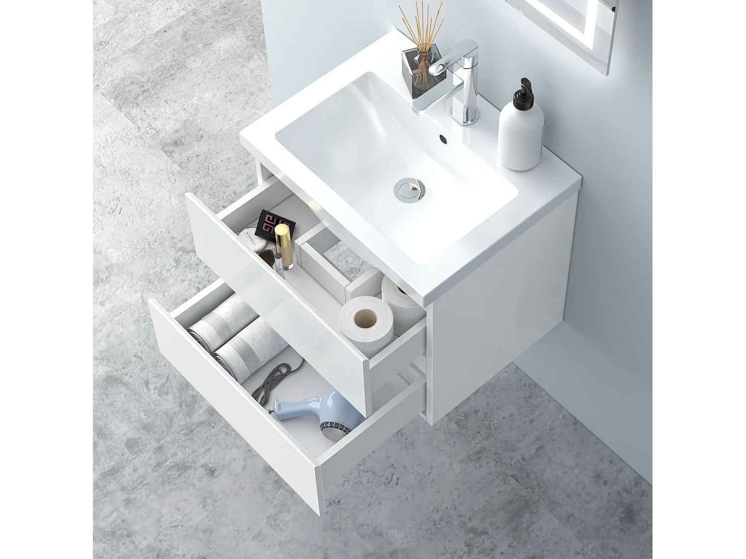 AICA Waschbeckenunterschrank hängend 50cm Mineralguss Waschtisch mit Unterschrank - Hochglanz Schwarz - CINIC