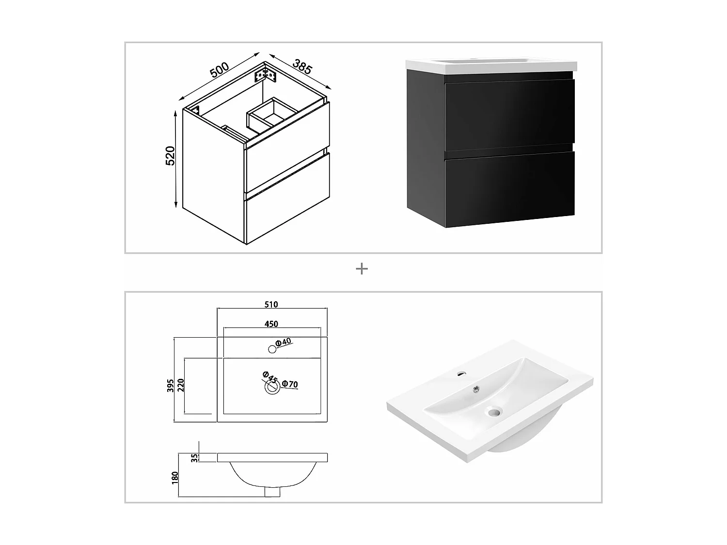 AICA Waschbeckenunterschrank hängend 50cm Mineralguss Waschtisch mit Unterschrank - Hochglanz Schwarz - CINIC
