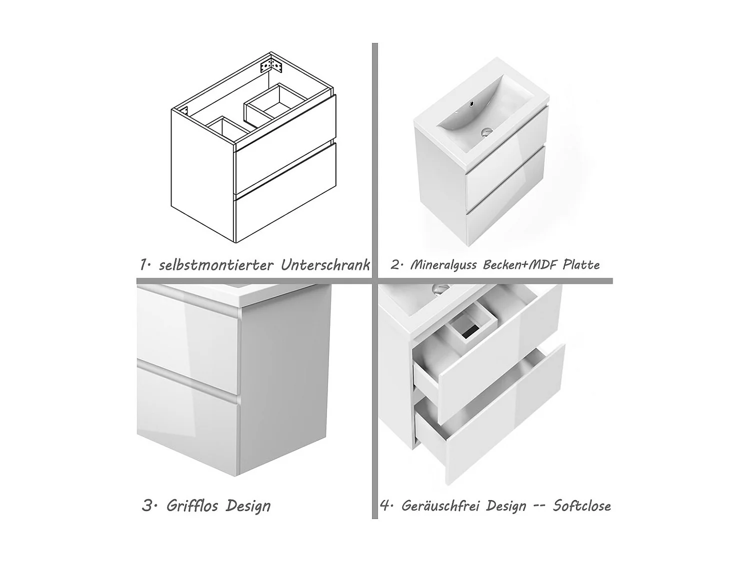 AICA Waschbeckenunterschrank hängend 50cm Mineralguss Waschtisch mit Unterschrank - Hochglanz Schwarz - CINIC