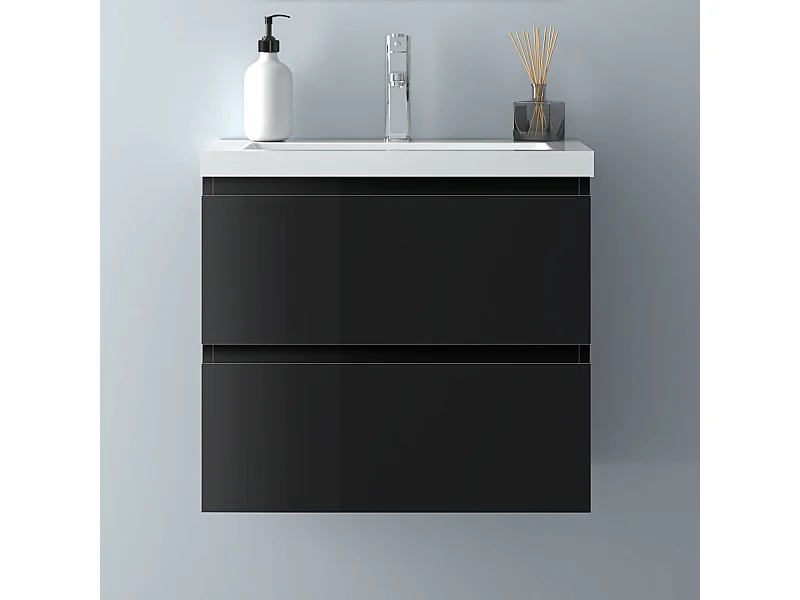 AICA Waschbeckenunterschrank hängend 50cm Mineralguss Waschtisch mit Unterschrank - Hochglanz Schwarz - CINIC