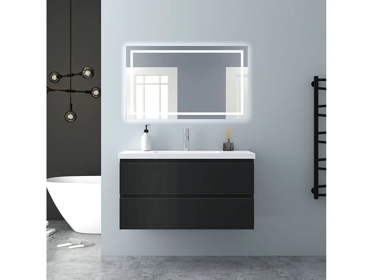 AICA Waschbeckenunterschrank hängend 100cm Mineralguss Waschtisch mit Unterschrank - Hochglanz Schwarz - CINIC