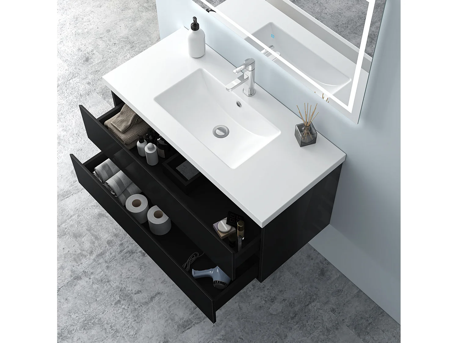 AICA Waschbeckenunterschrank hängend 100cm Mineralguss Waschtisch mit Unterschrank - Hochglanz Schwarz - CINIC