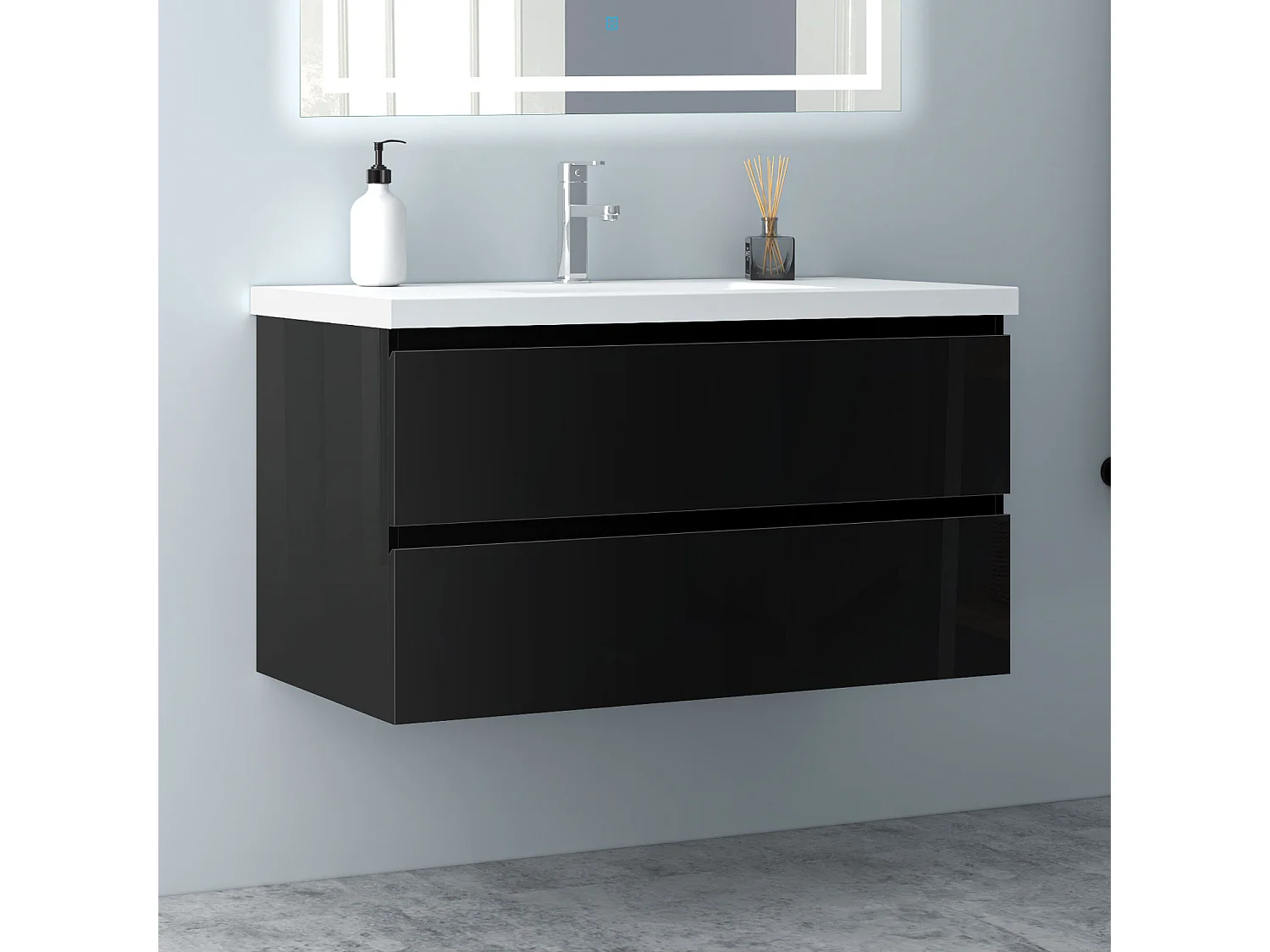 AICA Waschbeckenunterschrank hängend 100cm Mineralguss Waschtisch mit Unterschrank - Hochglanz Schwarz - CINIC