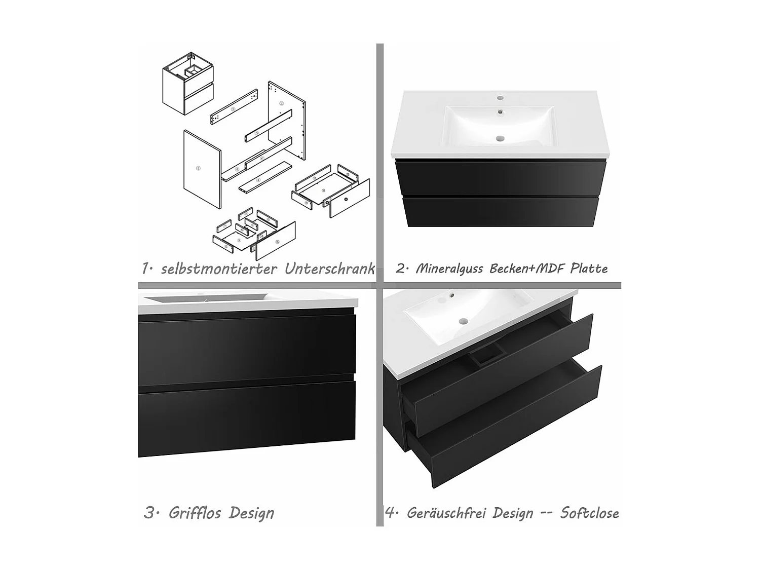 AICA Waschbeckenunterschrank hängend 100cm Mineralguss Waschtisch mit Unterschrank - Hochglanz Schwarz - CINIC