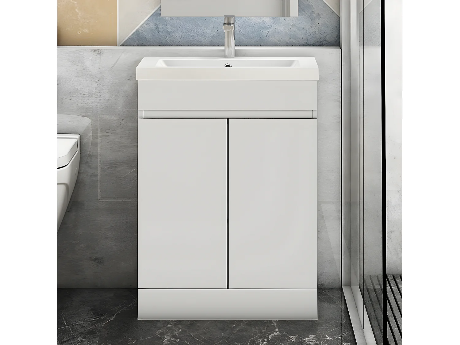 AICA Badezimmermöbel 60 cm Mineralguss waschbecken mit unterschrank -Weiß Matt Standschrank - KANY