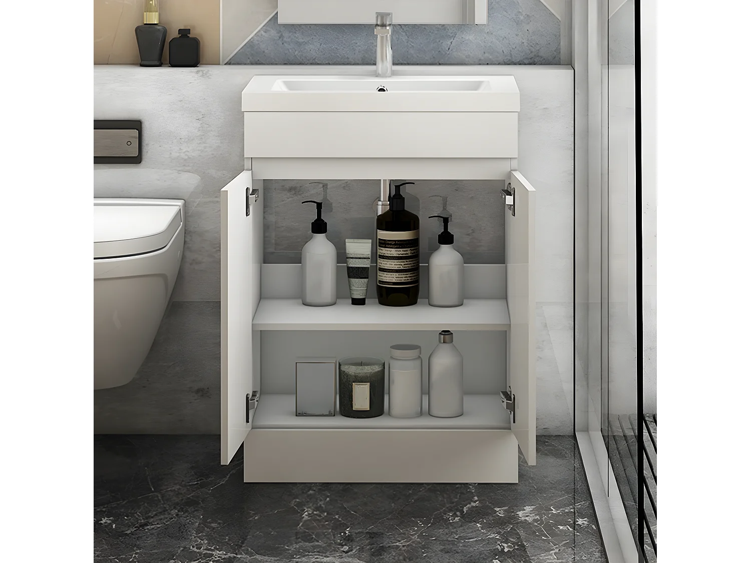 AICA Badezimmermöbel 60 cm Mineralguss waschbecken mit unterschrank -Weiß Matt Standschrank - KANY