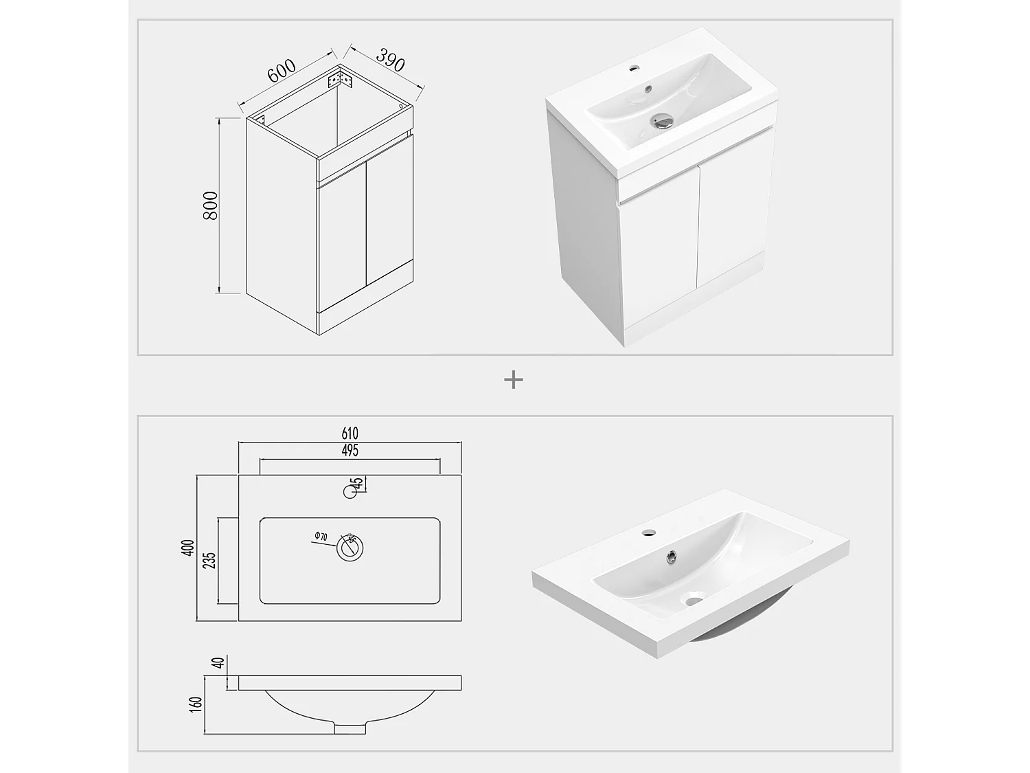 AICA Badezimmermöbel 60 cm Mineralguss waschbecken mit unterschrank -Weiß Matt Standschrank - KANY