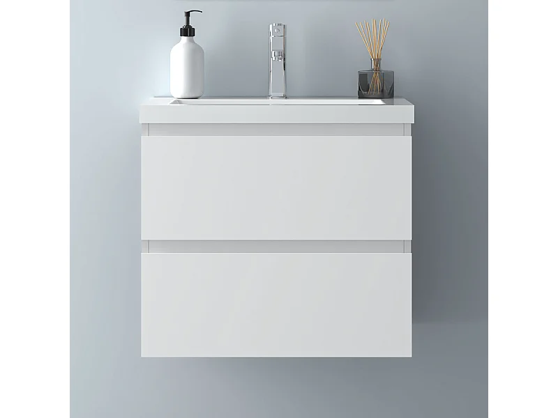 AICA Waschbeckenunterschrank hängend 60cm Mineralguss Waschtisch mit Unterschrank - Weiß Matt - CINIC