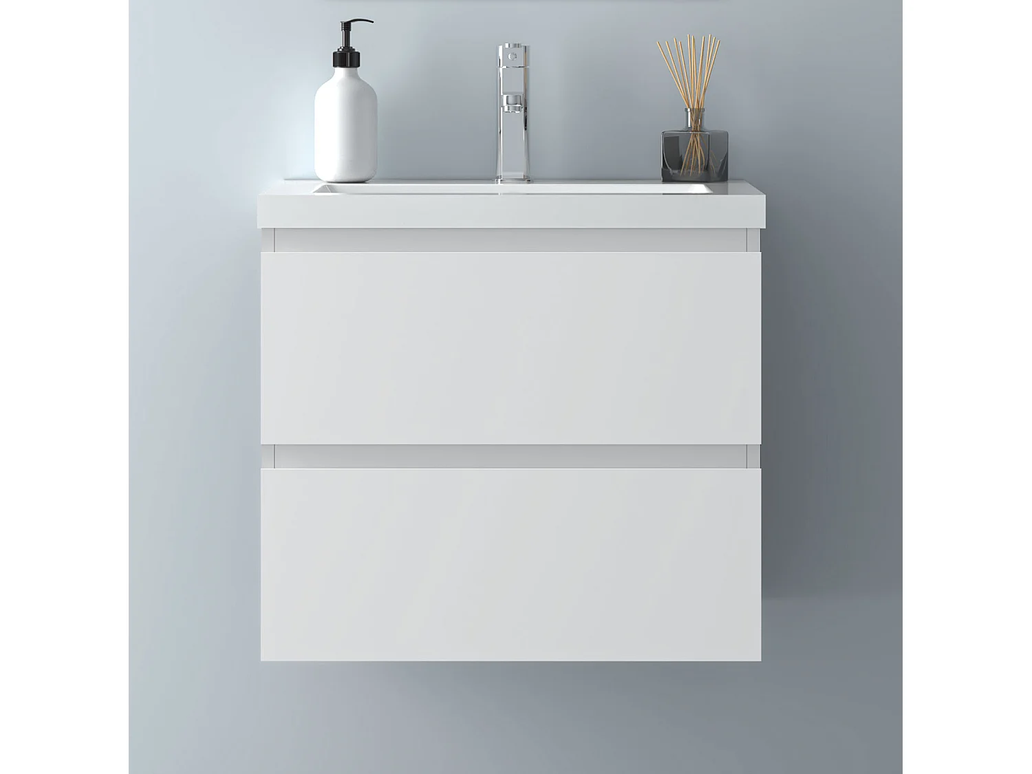 AICA Waschbeckenunterschrank hängend 60cm Mineralguss Waschtisch mit Unterschrank - Weiß Matt - CINIC