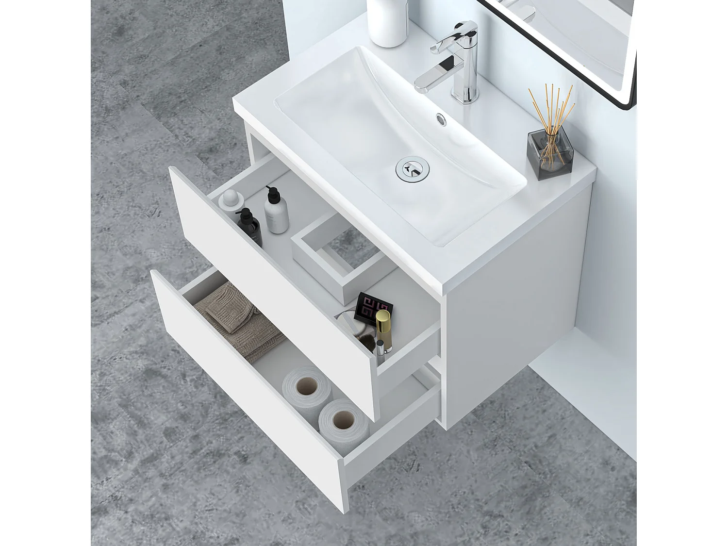 AICA Waschbeckenunterschrank hängend 60cm Mineralguss Waschtisch mit Unterschrank - Weiß Matt - CINIC