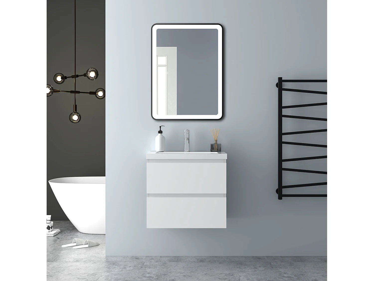 AICA Waschbeckenunterschrank hängend 60cm Mineralguss Waschtisch mit Unterschrank - Weiß Matt - CINIC