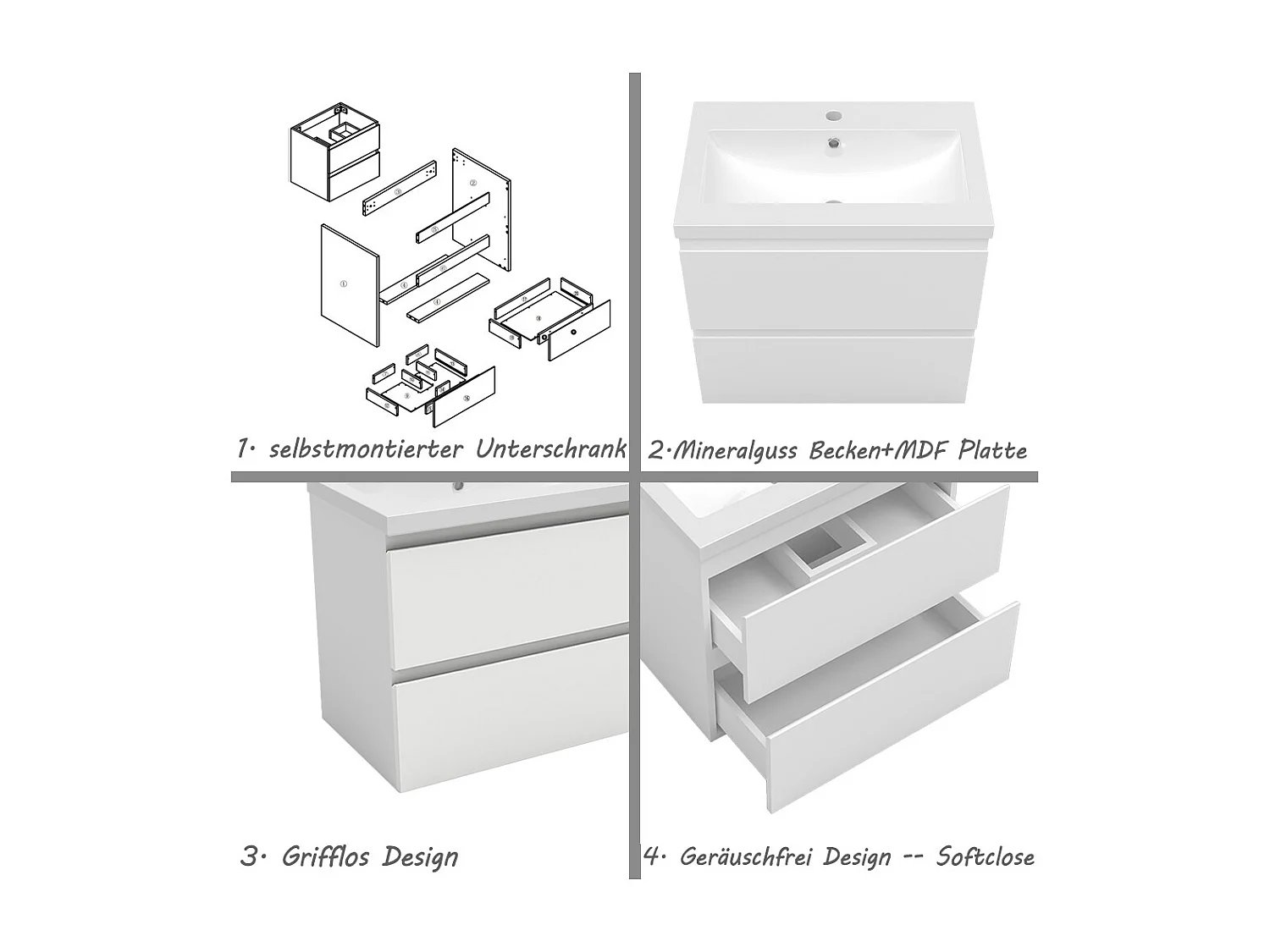 AICA Waschbeckenunterschrank hängend 60cm Mineralguss Waschtisch mit Unterschrank - Weiß Matt - CINIC