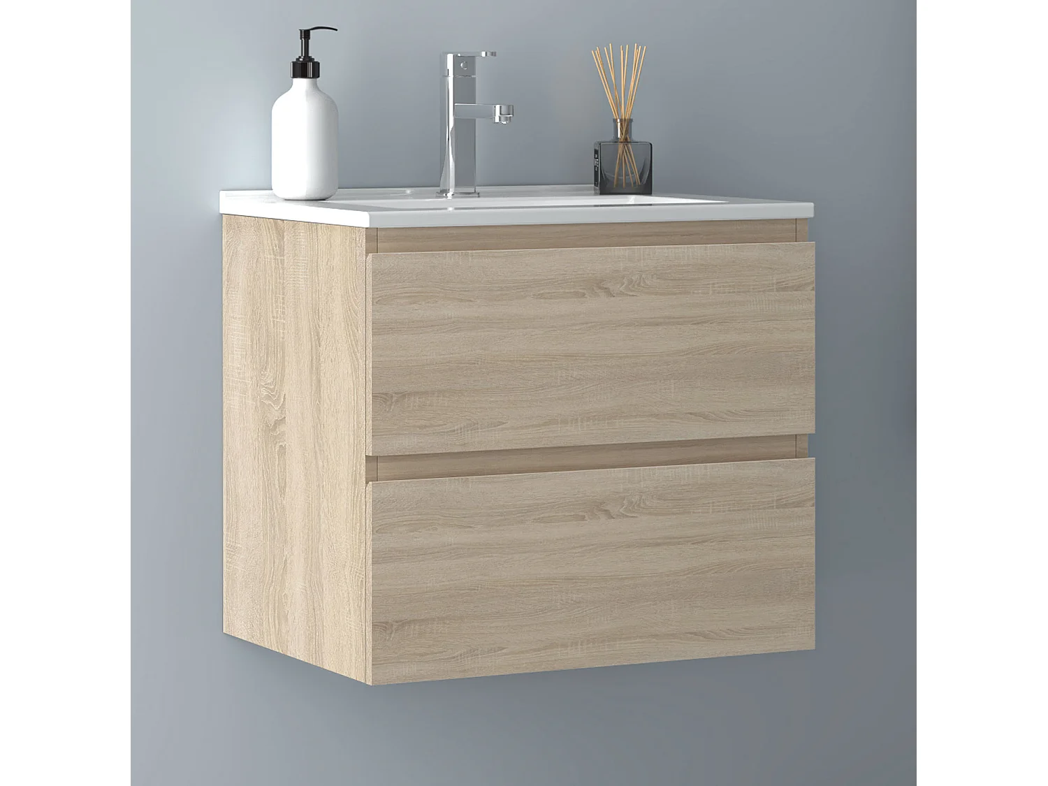AICA Waschbeckenunterschrank hängend 60cm Dünn Keramik Waschtisch mit Unterschrank - Eiche Matt - CINIC