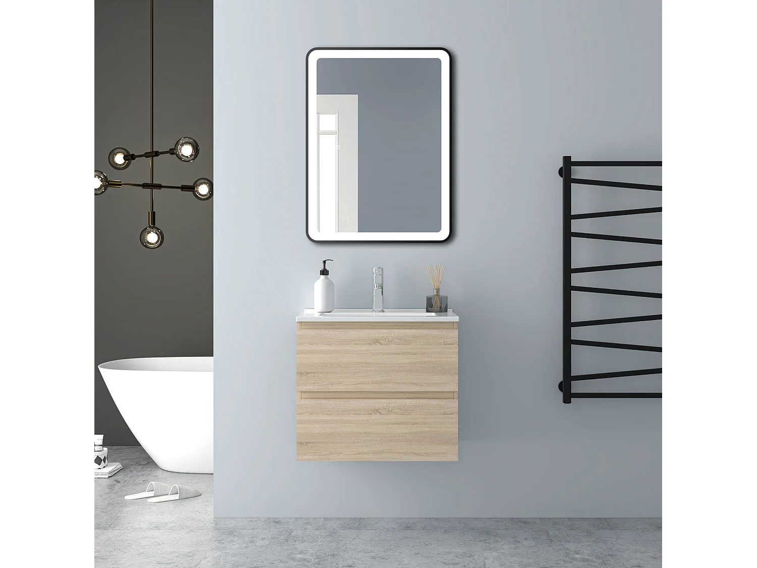 AICA Waschbeckenunterschrank hängend 60cm Dünn Keramik Waschtisch mit Unterschrank - Eiche Matt - CINIC