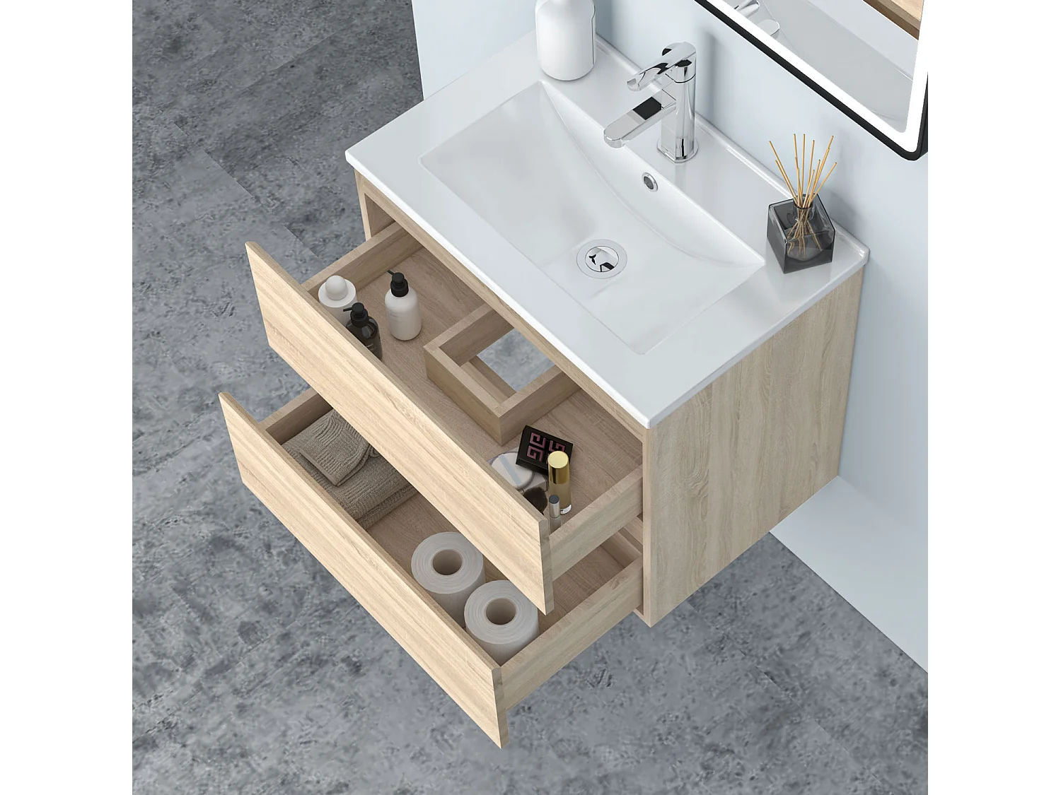 AICA Waschbeckenunterschrank hängend 60cm Dünn Keramik Waschtisch mit Unterschrank - Eiche Matt - CINIC