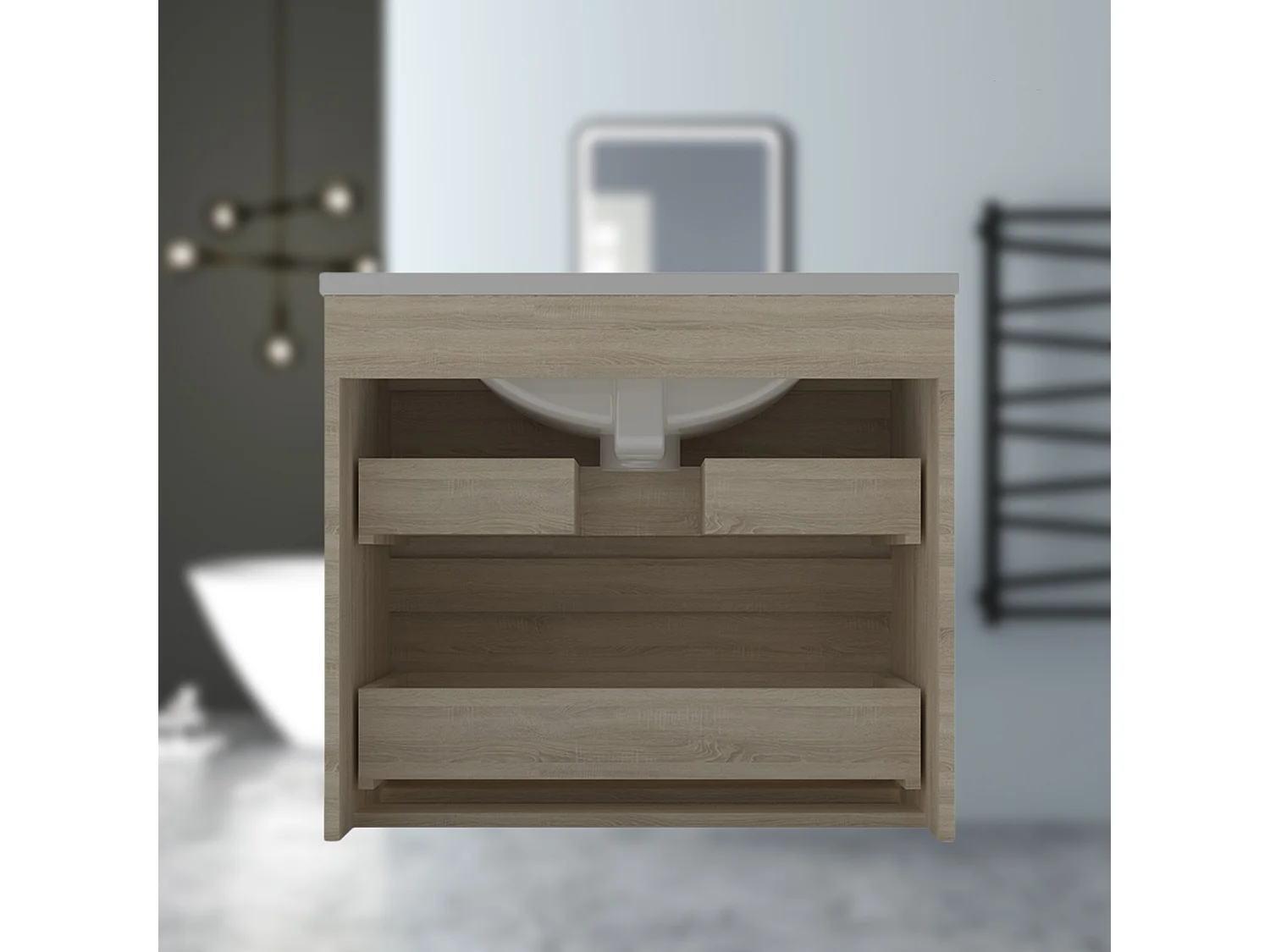 AICA Waschbeckenunterschrank hängend 60cm Dünn Keramik Waschtisch mit Unterschrank - Eiche Matt - CINIC