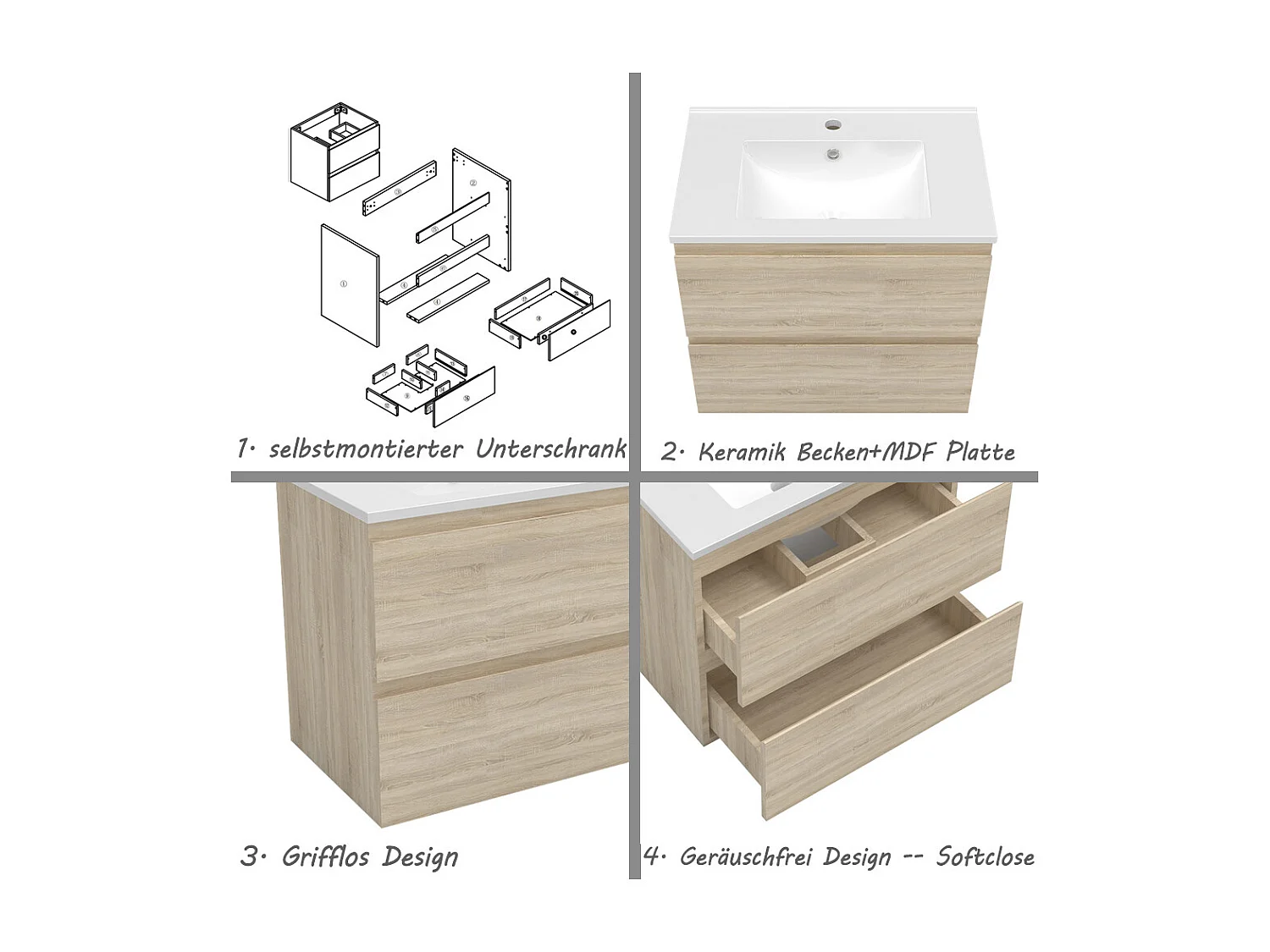 AICA Waschbeckenunterschrank hängend 60cm Dünn Keramik Waschtisch mit Unterschrank - Eiche Matt - CINIC