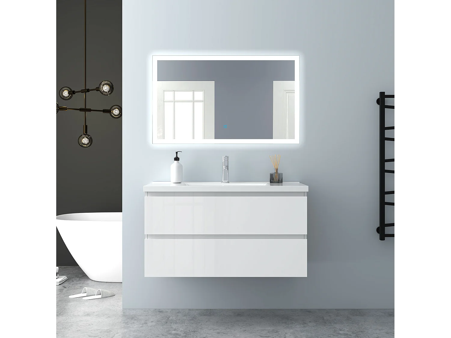 AICA Waschbeckenunterschrank hängend 100cm Keramik Waschtisch mit Unterschrank - Hochglanz Weiß - CINIC