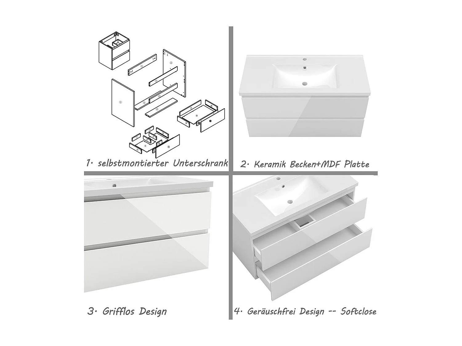 AICA Waschbeckenunterschrank hängend 100cm Keramik Waschtisch mit Unterschrank - Hochglanz Weiß - CINIC