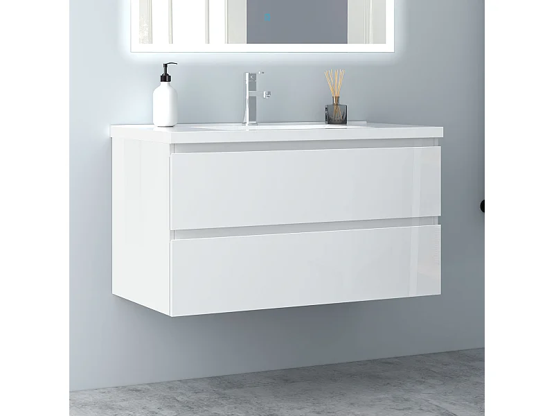 AICA Waschbeckenunterschrank hängend 100cm Keramik Waschtisch mit Unterschrank - Hochglanz Weiß - CINIC