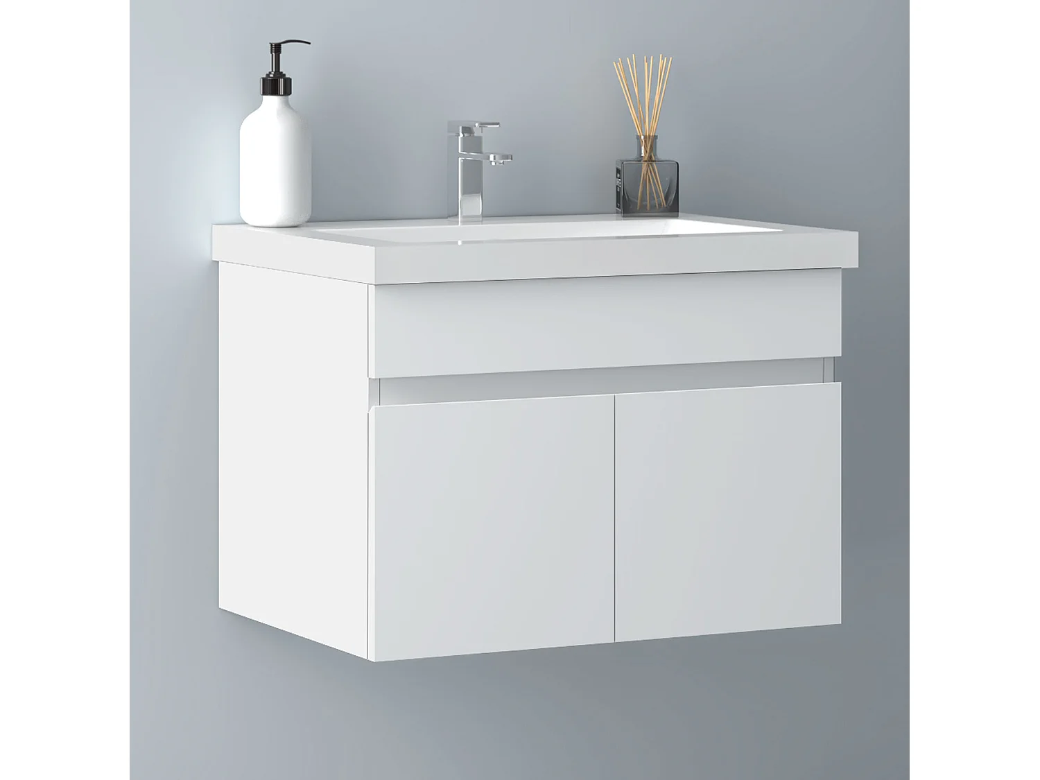 AICA Badezimmerschränke 60cm Mineralguss Waschtisch mit Unterschrank - Weiß Matt Hängeschrank - MARO