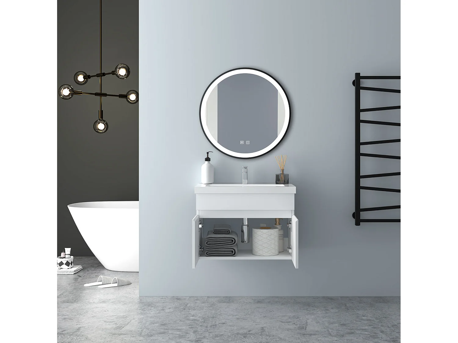 AICA Badezimmerschränke 60cm Mineralguss Waschtisch mit Unterschrank - Weiß Matt Hängeschrank - MARO